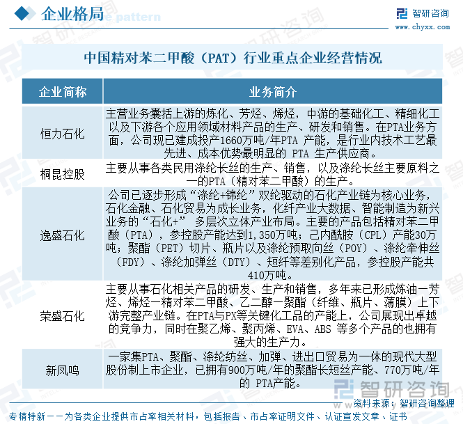 中國精對苯二甲酸（PAT）行業(yè)重點企業(yè)經營情況