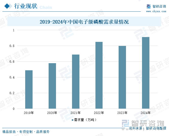 2019-2024年中国电子级磷酸需求量情况