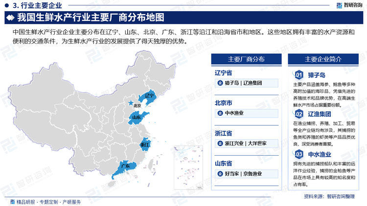 中國(guó)生鮮水產(chǎn)行業(yè)企業(yè)主要分布在遼寧、山東、北京、廣東、浙江等沿江和沿海省市和地區(qū)。這些地區(qū)擁有豐富的水產(chǎn)資源和便利的交通條件，為生鮮水產(chǎn)行業(yè)的發(fā)展提供了得天獨(dú)厚的優(yōu)勢(shì)。