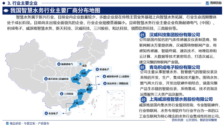 智慧水務屬于新興行業(yè)，目前業(yè)內企業(yè)數量較少，多數企業(yè)是在傳統(tǒng)主營業(yè)務基礎上向智慧水務拓展，行業(yè)生命周期整體處于成長階段。目前尚未出現全面領先的企業(yè)，行業(yè)企業(yè)規(guī)模普遍偏小。目前智慧水務行業(yè)主要企業(yè)有施耐德電氣（中國）有限公司、青島積成電子股份有限公司、上海威派格智慧水務股份有限公司、新天科技股份有限公司、漢威科技集團股份有限公司、三川智慧科技股份有限公司、浙江和達科技股份有限公司、杭州領圖信息科技有限公司、上海三高計算機中心股份有限公司等。