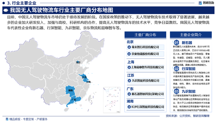 行深智能是国内领先的无人驾驶核心技术提供商及智慧物流产品供应商。拥有完备的无人驾驶技术和解决方案，具备底盘、结构、硬件、软件的全栈自主研发与设计能力。目前与京东、美团、华为、富士康、中国邮政、工商银行、日本乐天、国家电网等合作伙伴一起，将无人车在快递、工厂、社区/办公园区、新零售、校园等多个场景商业落地，率先达成行业内1000台无人车量产下线，并实现规模化、常态化运营。