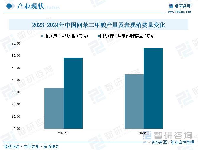 2023-2024年中國間苯二甲酸產(chǎn)量及表觀消費量變化