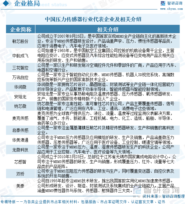 中國壓力傳感器行業代表企業及相關介紹
