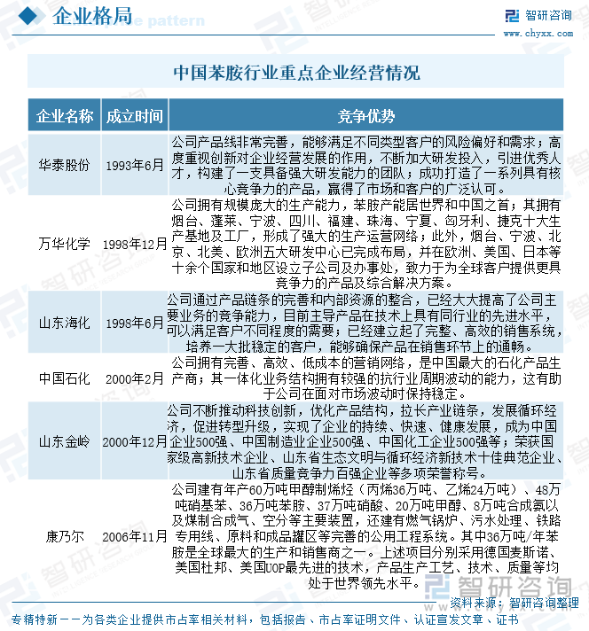 中國苯胺行業(yè)重點企業(yè)經(jīng)營情況