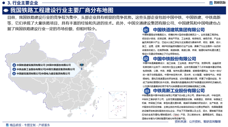 中国铁建是全球最具实力、规模的特大型综合建设集团之一。业务涵盖工程承包、规划设计咨询、投资运营、房地产开发、工业制造、物资物流、绿色环保、产业金融及其他新兴产业，已经从以施工承包为主发展成为具有科研、规划、勘察、设计、施工、监理、运营、维护和投融资完整的行业产业链，具备了为业主提供一站式综合服务的能力。在高原铁路、高速铁路、高速公路、桥梁、隧道和城市轨道交通工程设计及建设领域确立了行业领导地位。据统计，2024年期间，中国铁建中标铁路建设项目共20个，合同金额合计800.13亿元；2024年全年中国铁建实现营业收入10671.71亿元，归属于上市公司股东的净利润222.15亿元。