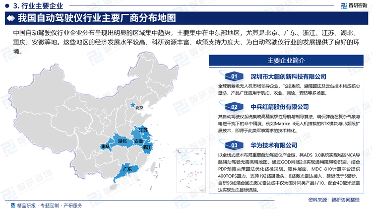 中國自動駕駛儀行業(yè)企業(yè)分布呈現(xiàn)出明顯的區(qū)域集中趨勢，主要集中在中東部地區(qū)，尤其是北京、廣東、浙江、江蘇、湖北、重慶、安徽等地。這些地區(qū)的經(jīng)濟發(fā)展水平較高，科研資源豐富，政策支持力度大，為自動駕駛儀行業(yè)的發(fā)展提供了良好的環(huán)境。