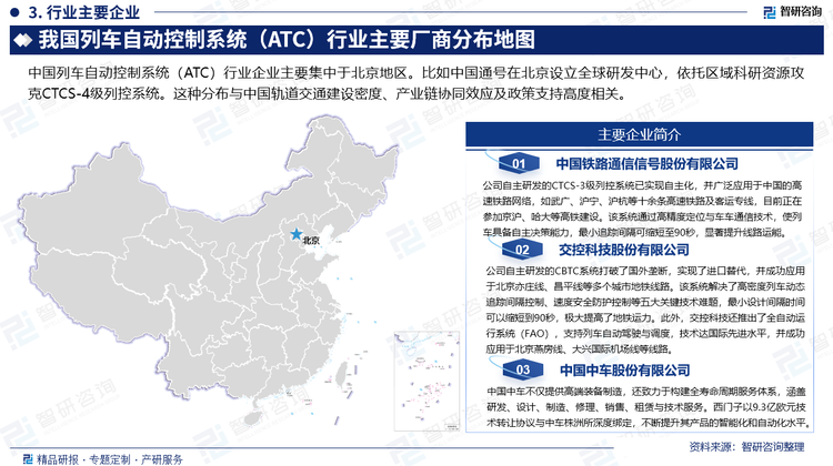 中國(guó)列車自動(dòng)控制系統(tǒng)（ATC）行業(yè)企業(yè)主要集中于北京地區(qū)。比如中國(guó)通號(hào)在北京設(shè)立全球研發(fā)中心，依托區(qū)域科研資源攻克CTCS-4級(jí)列控系統(tǒng)。這種分布與中國(guó)軌道交通建設(shè)密度、產(chǎn)業(yè)鏈協(xié)同效應(yīng)及政策支持高度相關(guān)。