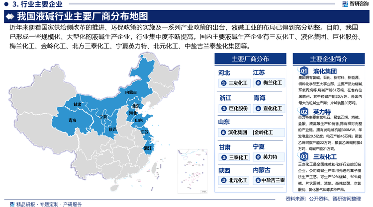 英力特主要主營電石、聚氯乙烯、燒堿、鹽酸、液氯等生產(chǎn)和銷售，電力、熱力生產(chǎn)和銷售。英力特擁有相對完整的產(chǎn)業(yè)鏈，擁有發(fā)電裝機能300MW，年發(fā)電量20.5億度；電石產(chǎn)能46萬噸；聚氯乙烯樹脂產(chǎn)能22萬噸，聚氯乙烯糊樹脂4萬噸，燒堿產(chǎn)能21萬噸。據(jù)企業(yè)公告數(shù)據(jù)顯示，2024年，英力特生產(chǎn)燒堿19.13萬噸，較2023年增加3.9萬噸；銷量17.6萬噸，較2023年增加3.51萬噸；實現(xiàn)營業(yè)收入3.94億元，占總營收的21.33%。
