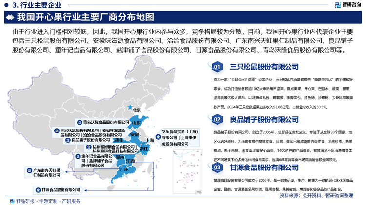 由于行業(yè)進(jìn)入門檻相對(duì)較低，因此，我國(guó)開(kāi)心果行業(yè)內(nèi)參與眾多，競(jìng)爭(zhēng)格局較為分散，目前，我國(guó)開(kāi)心果行業(yè)內(nèi)代表企業(yè)主要包括三只松鼠股份有限公司、安徽味滋源食品有限公司、洽洽食品股份有限公司、廣東南興天虹果仁制品有限公司、良品鋪?zhàn)庸煞萦邢薰?、童年記食品有限公司、鹽津鋪?zhàn)邮称饭煞萦邢薰?、甘源食品股份有限公司、青島沃隆食品股份有限公司、羅樂(lè)食品貿(mào)易（上海）有限公司、上海來(lái)伊份股份有限公司、杭州郝姆斯食品有限公司、杭州勤耕食品科技有限公司等，上述企業(yè)主要分布在安徽、湖南、上海、浙江等地。