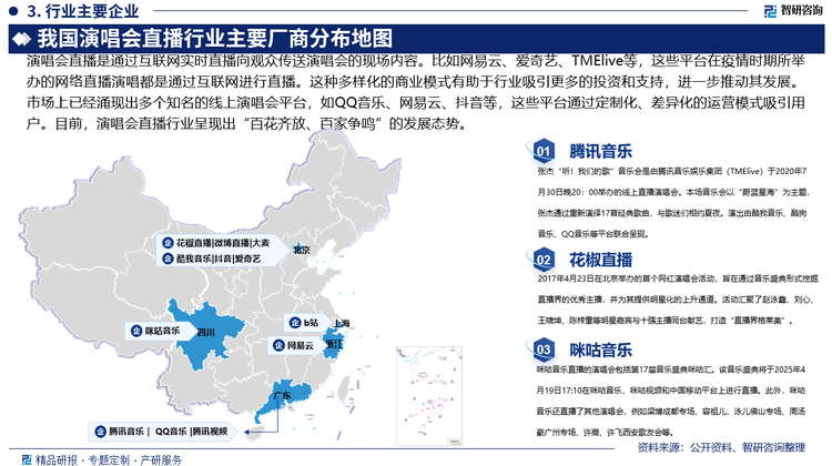 演唱會直播則是以手機、平板、電視、電腦等線上電子產(chǎn)品為媒介，通過互聯(lián)網(wǎng)實時直播向觀眾傳送演唱會的現(xiàn)場內(nèi)容。比如網(wǎng)易云音樂平臺、樂視網(wǎng)、愛奇藝、TMElive、等等，這些平臺在疫情時期所舉辦的網(wǎng)絡直播演唱都是通過互聯(lián)網(wǎng)進行直播。演唱會直播行業(yè)在發(fā)展過程中，逐漸形成了多種商業(yè)模式。除了直接的線上售票和觀看費用外，還可以通過與品牌合作、贊助、虛擬商品銷售等方式實現(xiàn)盈利。這種多樣化的商業(yè)模式有助于行業(yè)吸引更多的投資和支持，進一步推動其發(fā)展。市場上已經(jīng)涌現(xiàn)出多個知名的線上演唱會平臺，如QQ音樂、網(wǎng)易云音樂、抖音、快手等，這些平臺通過定制化、差異化的運營模式吸引用戶。目前，演唱會直播行業(yè)呈現(xiàn)出“百花齊放、百家爭鳴”的發(fā)展態(tài)勢。