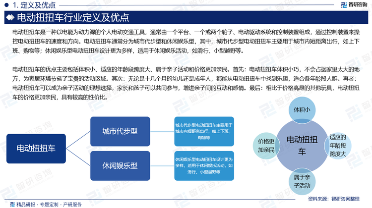 電動扭扭車是一種以電能為動力源的個人電動交通工具，通常由一個平臺、一個或兩個輪子、電動驅(qū)動系統(tǒng)和控制裝置組成，通過控制裝置來操控電動扭扭車的速度和方向。電動扭扭車通常分為城市代步型和休閑娛樂型，其中，城市代步型電動扭扭車主要用于城市內(nèi)短距離出行，如上下班、購物等；休閑娛樂型電動扭扭車設(shè)計更為多樣，適用于休閑娛樂活動，如滑行、小型越野等。據(jù)統(tǒng)計，中國電動扭扭車行業(yè)市場規(guī)模從2018年的164.4億元增長至2024年的367億元，年復合增長率為14.32%。隨著技術(shù)的進步和市場需求的增長，未來電動扭扭車將在產(chǎn)品設(shè)計、續(xù)航里程、智能化程度等方面繼續(xù)提升，為用戶提供更加優(yōu)質(zhì)、個性化的出行體驗。目前，我國電動扭扭車市場的發(fā)展呈現(xiàn)出一種蓬勃且復雜的態(tài)勢，其中企業(yè)數(shù)量眾多，市場競爭格局相對分散，形成了多元化的市場生態(tài)。在這一領(lǐng)域，Segway、Inventist、Razor和Swagtron等國外電動扭扭車品牌憑借先進的技術(shù)和品牌影響力占據(jù)了一定的市場份額，它們不僅在技術(shù)創(chuàng)新上持續(xù)突破，還在市場拓展方面展現(xiàn)出強大的實力。與此同時，規(guī)模較大的電動扭扭車企業(yè)紛紛嶄露頭角，成為市場的主力軍，九號公司、樂行天下、杭州騎客智能、納恩博、新世紀機器人、新力科技等企業(yè)憑借其強大的研發(fā)能力、先進的生產(chǎn)技術(shù)和完善的銷售網(wǎng)絡(luò)，在市場中占據(jù)了舉足輕重的地位。