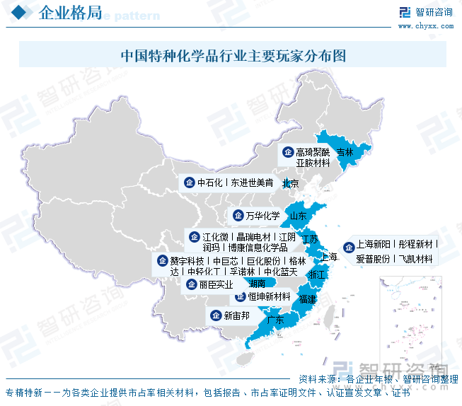 中国特种化学品行业主要玩家分布图