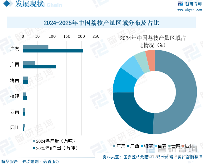 2024-2025年中國荔枝產(chǎn)量區(qū)域分布及占比