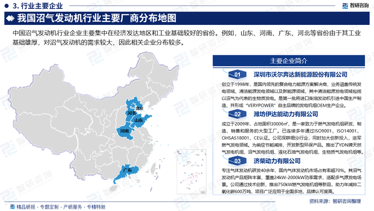 中國沼氣發(fā)動機行業(yè)企業(yè)主要集中在經(jīng)濟發(fā)達地區(qū)和工業(yè)基礎(chǔ)較好的省份。例如，山東、河南、廣東、河北等省份由于其工業(yè)基礎(chǔ)雄厚，對沼氣發(fā)動機的需求較大，因此相關(guān)企業(yè)分布較多。