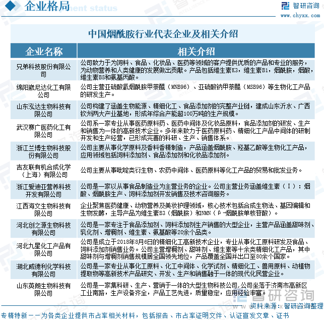 中國煙酰胺行業(yè)代表企業(yè)及相關(guān)介紹