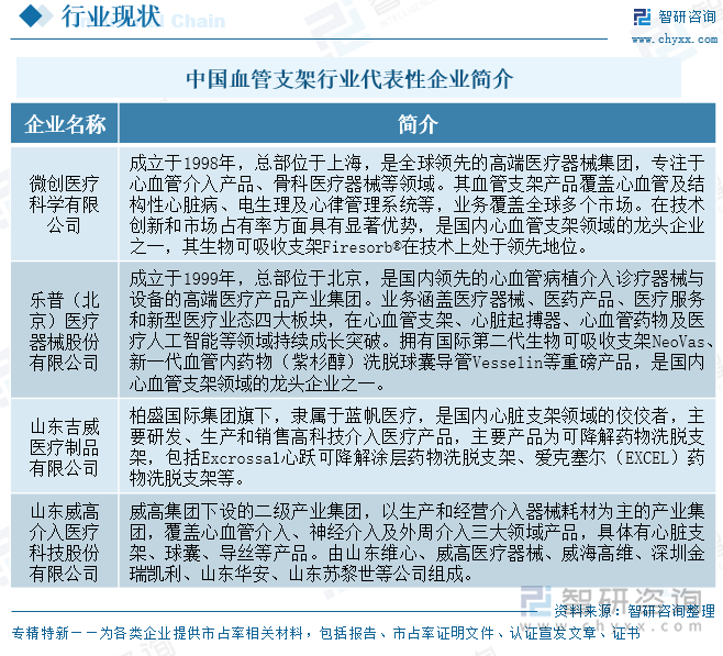 中國血管支架行業(yè)代表性企業(yè)簡介