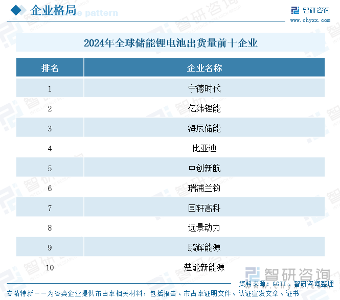 2024年全球儲(chǔ)能鋰電池出貨量前十企業(yè)