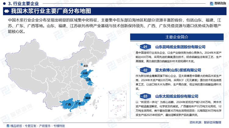 中國木漿行業(yè)企業(yè)分布呈現(xiàn)出明顯的區(qū)域集中化特征，主要集中在東部沿海地區(qū)和部分資源豐富的省份，包括山東、福建、江蘇、廣東、廣西等地。山東、福建、江蘇依托傳統(tǒng)產(chǎn)業(yè)基礎與技術創(chuàng)新保持領先，廣西、廣東憑借資源與港口優(yōu)勢成為新增產(chǎn)能核心區(qū)。