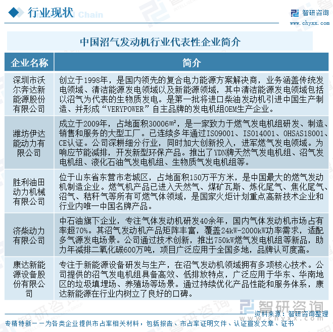 中國沼氣發(fā)動機行業(yè)代表性企業(yè)簡介