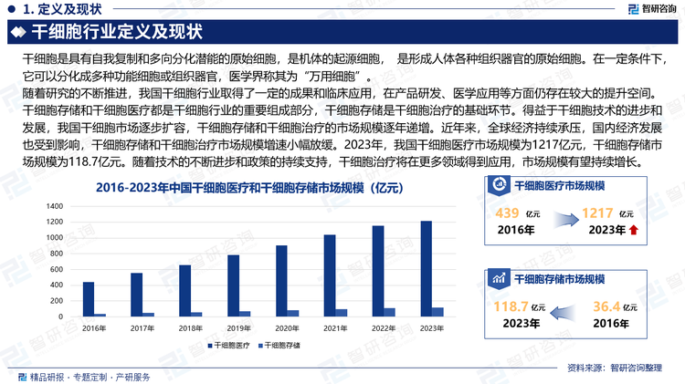 隨著研究的不斷推進，我國干細胞行業(yè)取得了一定的成果和臨床應用，在產(chǎn)品研發(fā)、醫(yī)學應用等方面仍存在較大的提升空間。干細胞存儲和干細胞醫(yī)療都是干細胞行業(yè)的重要組成部分，干細胞存儲是干細胞治療的基礎環(huán)節(jié)。得益于干細胞技術的進步和發(fā)展，我國干細胞市場逐步擴容，干細胞存儲和干細胞治療的市場規(guī)模逐年遞增。近年來，全球經(jīng)濟持續(xù)承壓，國內(nèi)經(jīng)濟發(fā)展也受到影響，干細胞存儲和干細胞治療市場規(guī)模增速小幅放緩。2023年，我國干細胞醫(yī)療市場規(guī)模為1217億元，干細胞存儲市場規(guī)模為118.7億元。隨著技術的不斷進步和政策的持續(xù)支持，干細胞治療將在更多領域得到應用，市場規(guī)模有望持續(xù)增長。