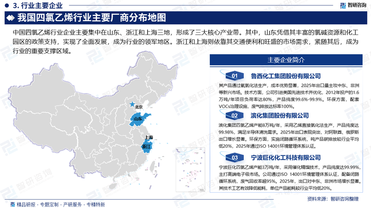 中國四氯乙烯行業(yè)企業(yè)主要集中在山東、浙江和上海三地，形成了三大核心產(chǎn)業(yè)帶。其中，山東憑借其豐富的氯堿資源和化工園區(qū)的政策支持，實現(xiàn)了全面發(fā)展，成為行業(yè)的領(lǐng)軍地區(qū)。浙江和上海則依靠其交通便利和旺盛的市場需求，緊隨其后，成為行業(yè)的重要支撐區(qū)域。