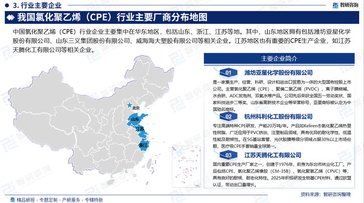 中國(guó)氯化聚乙烯（CPE）行業(yè)企業(yè)主要集中在華東地區(qū)，包括山東、浙江、江蘇等地。其中，山東地區(qū)擁有包括濰坊亞星化學(xué)股份有限公司、山東三義集團(tuán)股份有限公司、威海海大塑膠有限公司等相關(guān)企業(yè)。江蘇地區(qū)也有重要的CPE生產(chǎn)企業(yè)，如江蘇天騰化工有限公司等相關(guān)企業(yè)。