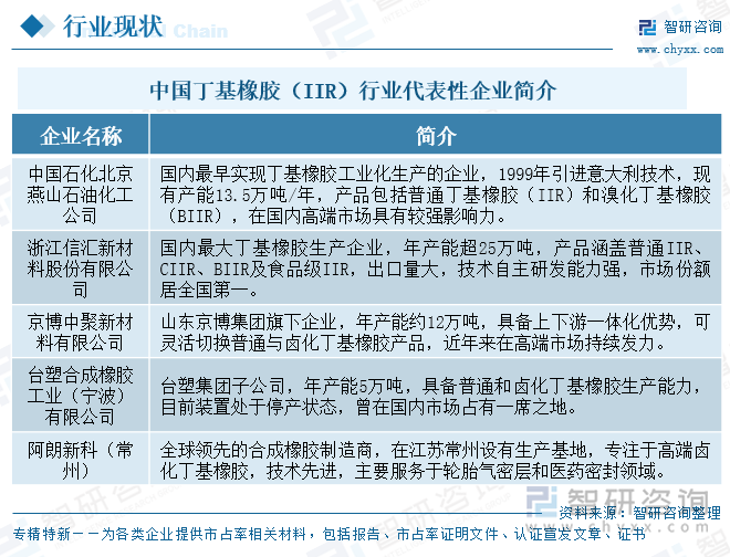 中國丁基橡膠（IIR）行業(yè)代表性企業(yè)簡介