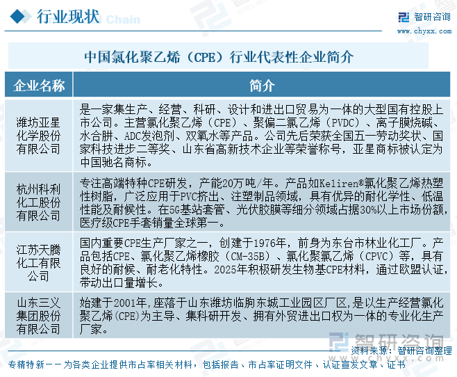 中國氯化聚乙烯（CPE）行業(yè)代表性企業(yè)簡介