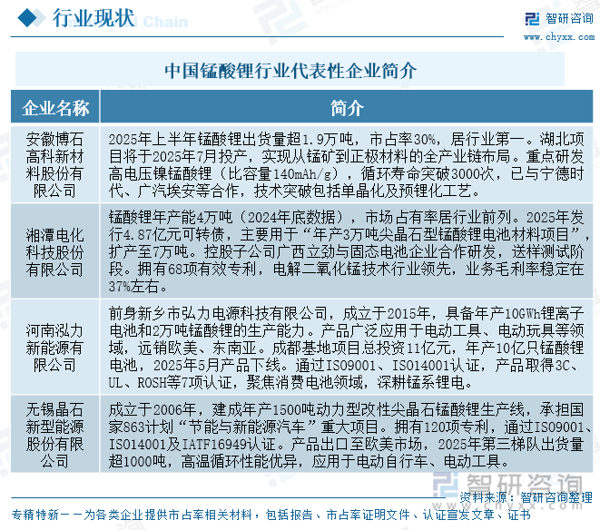 中國錳酸鋰行業(yè)代表性企業(yè)簡介