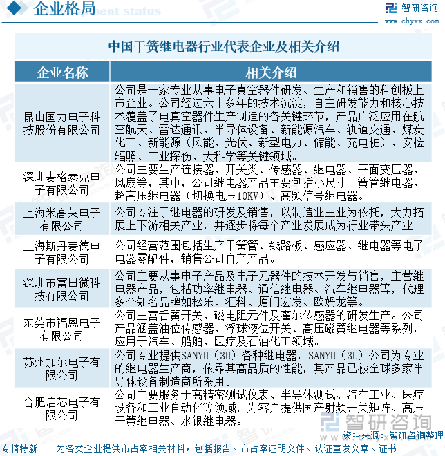 中國干簧繼電器行業(yè)代表企業(yè)及相關介紹
