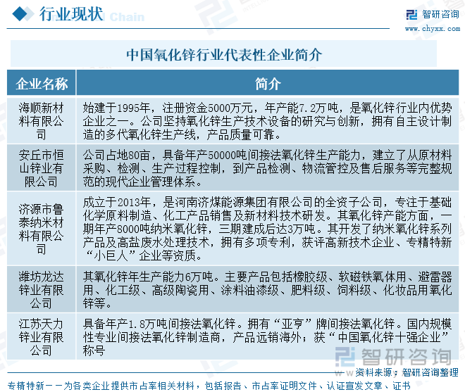 中國氧化鋅行業(yè)代表性企業(yè)簡介