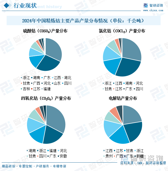 2024年中國精煉鈷主要產(chǎn)品產(chǎn)量分布情況（單位：千公噸）