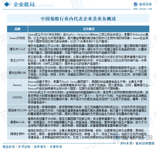 中國菊粉行業(yè)內(nèi)代表企業(yè)及業(yè)務概述