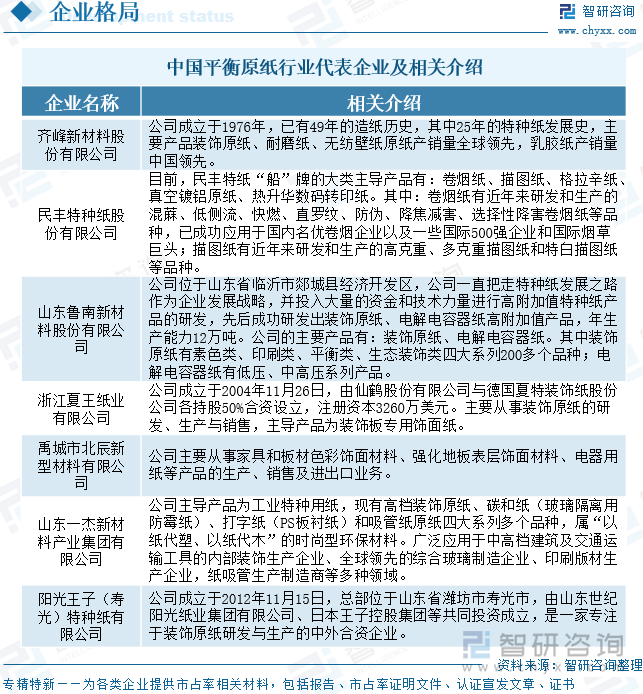 中國平衡原紙行業(yè)代表企業(yè)及相關介紹