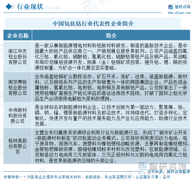 中国氧化钴行业代表性企业简介