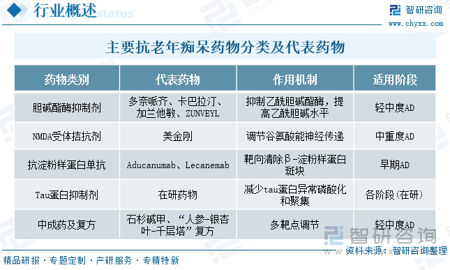 主要抗老年痴呆药物分类及代表药物