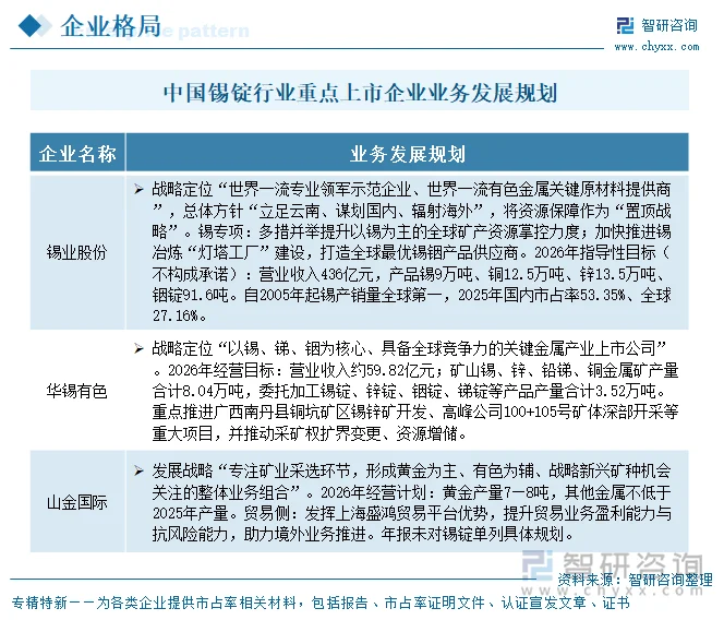 中国锡锭行业重点上市企业业务发展规划