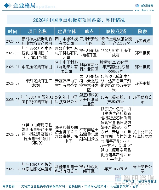 2026年中国重点电极箔项目备案、环评情况