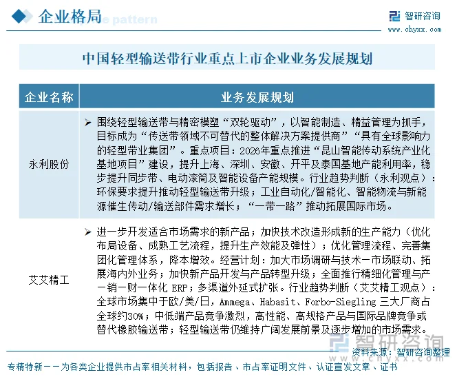 中国轻型输送带行业重点上市企业业务发展规划