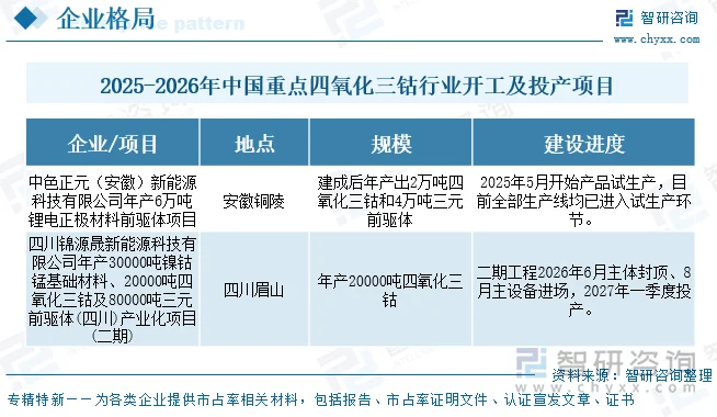 2025-2026年中国重点四氧化三钴行业开工及投产项目