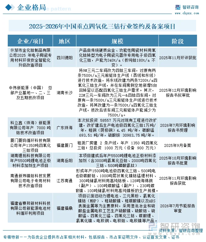 2025-2026年中国重点四氧化三钴行业签约及备案项目